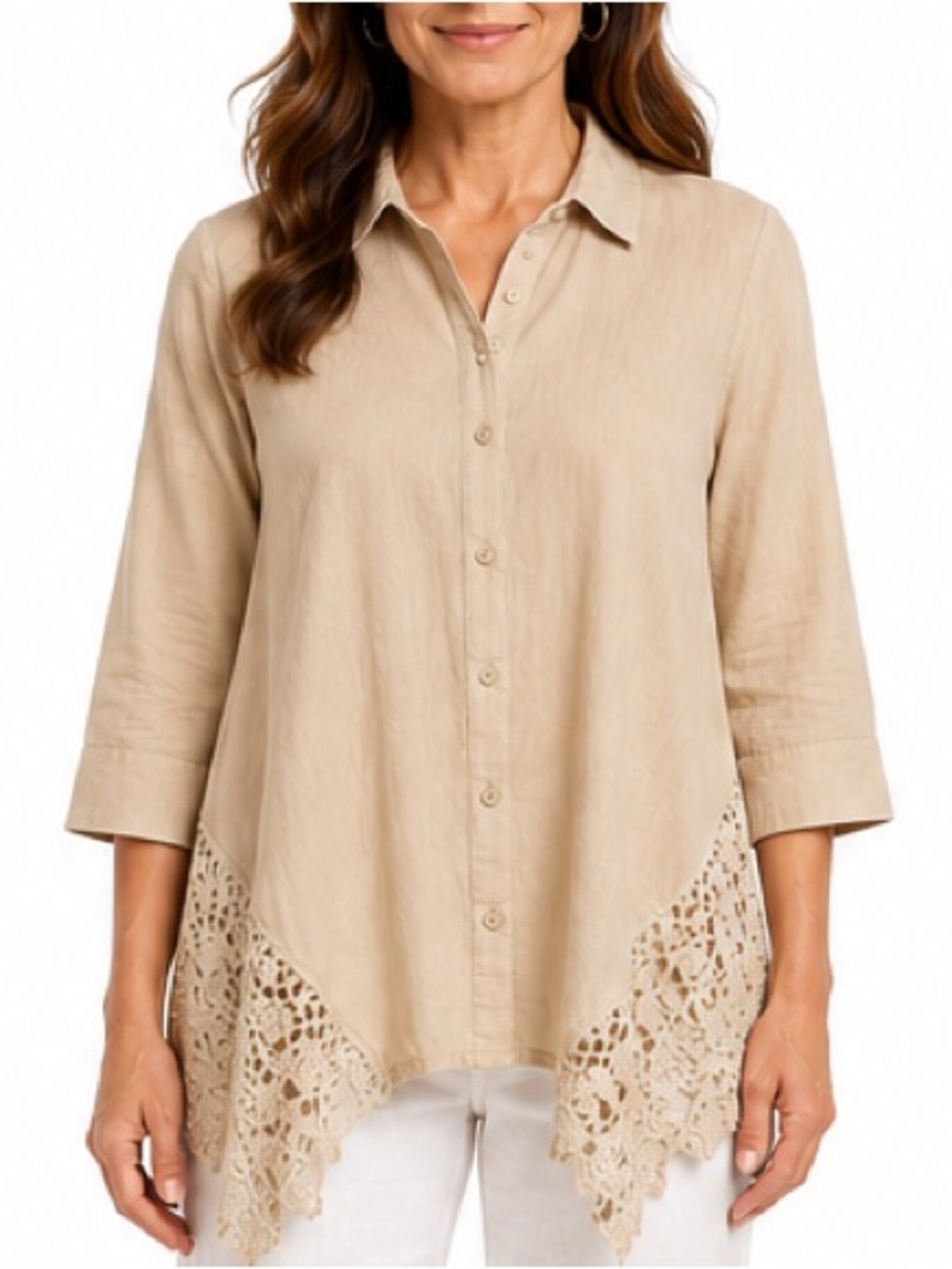 Coldwater Creek Linen Blend Lace Hem Buttons Blouse 10-12 Beige Boho Cottagecore - Picture 1 of 7